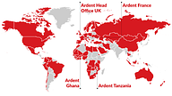 map showing ardent offices and countries with ardent assets