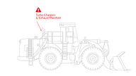 Wheel loader with engine hazards identified